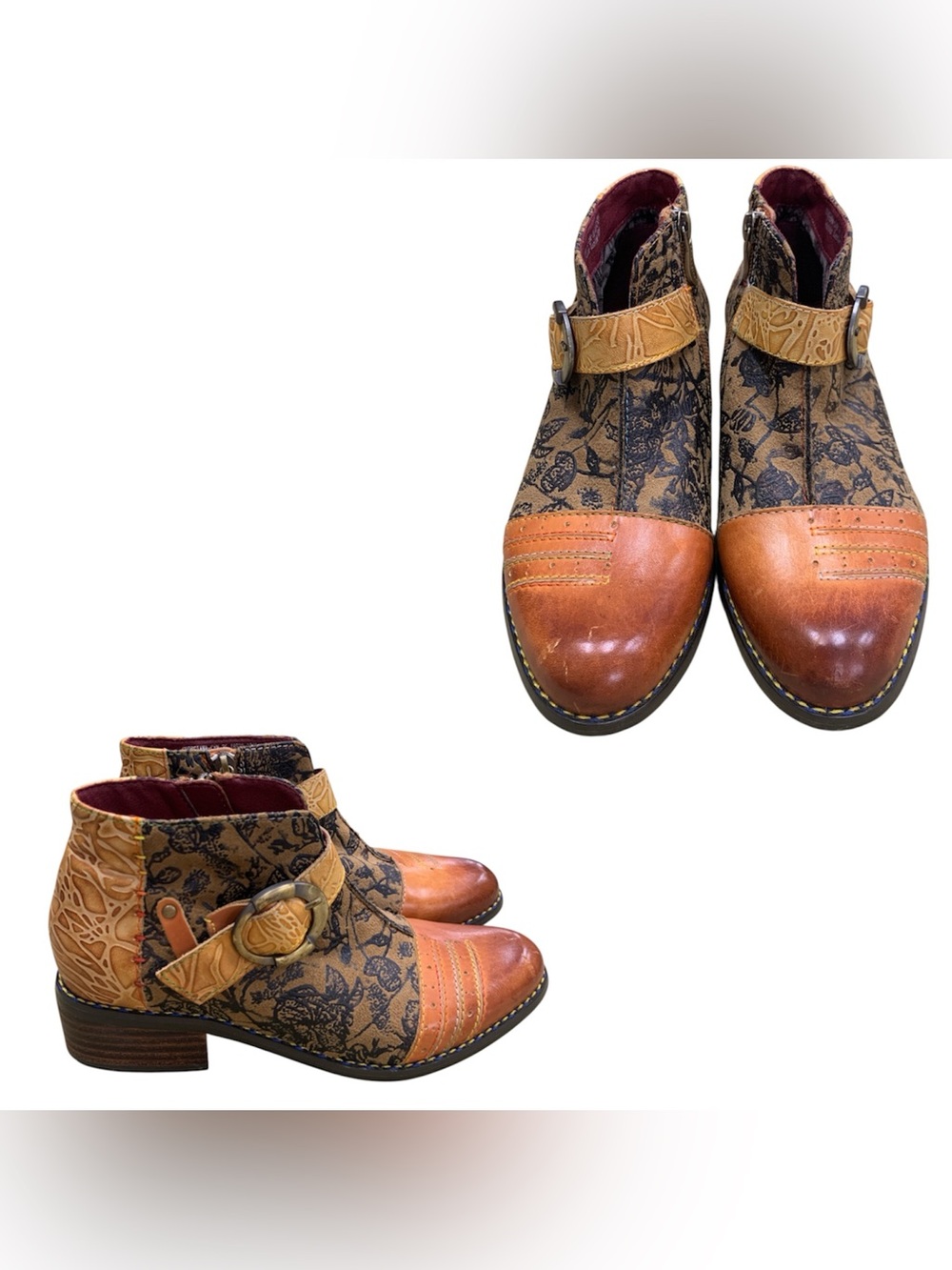 L Artiste Floral-Print Tan and Black Chukka Booties S6